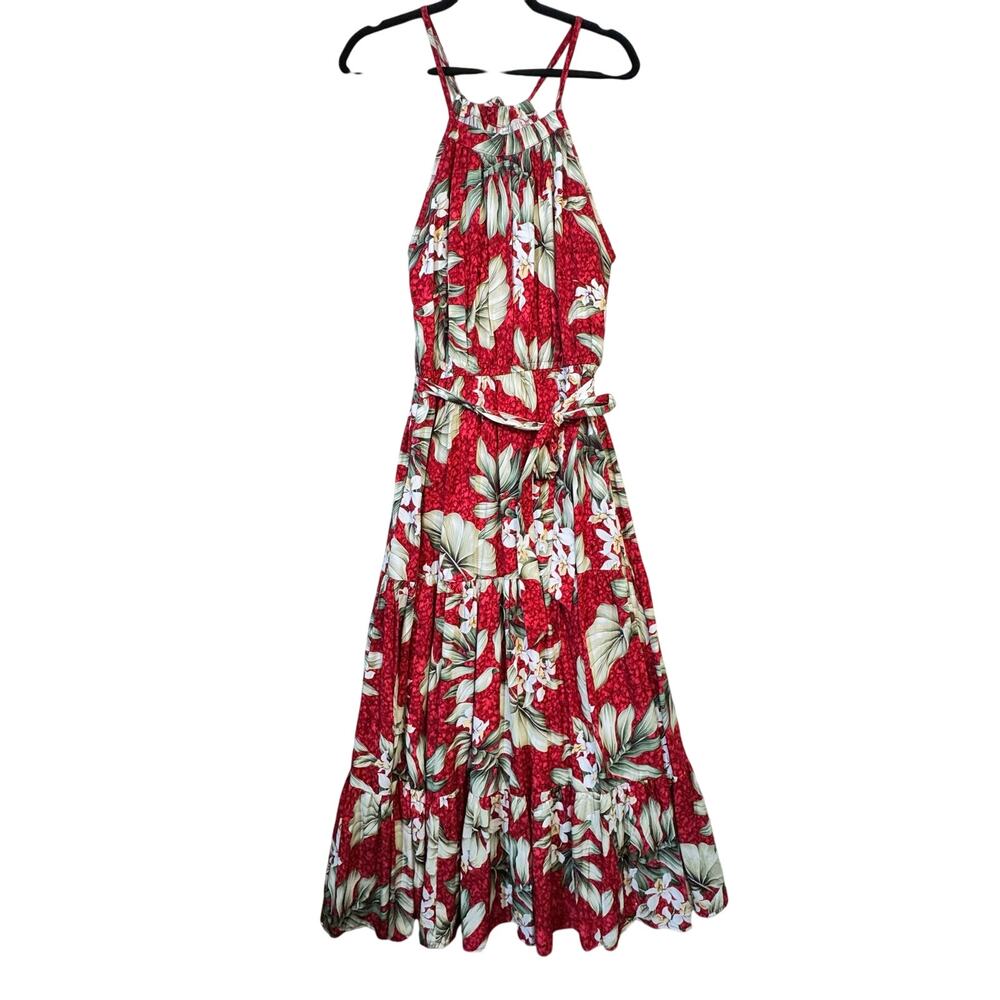 Divah Hawaiian Tropical Floral Rayon Halter Neck Long Red Maxi Dress Size 10